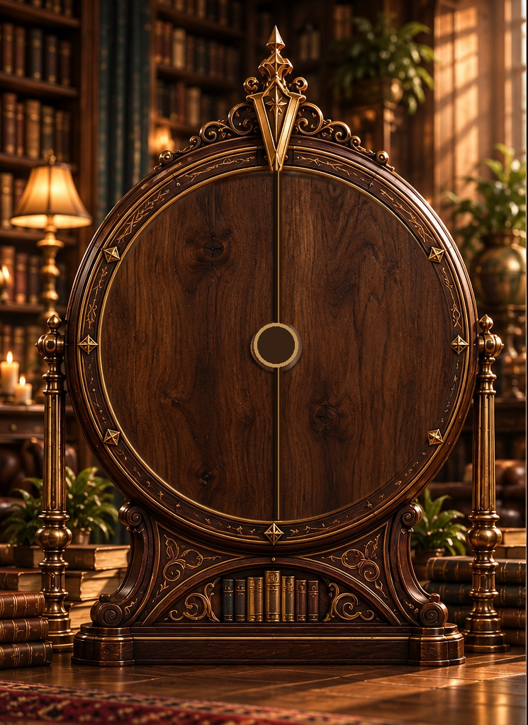 The antique walnut Wheel of Fate sealed behind its doors